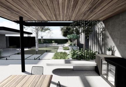Alfresco dinging and kitchen area with cantilevered concrete seat