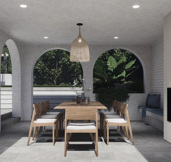 Arch architecture outdoor dining and kitchen pavilion with crazy paving and concrete steps