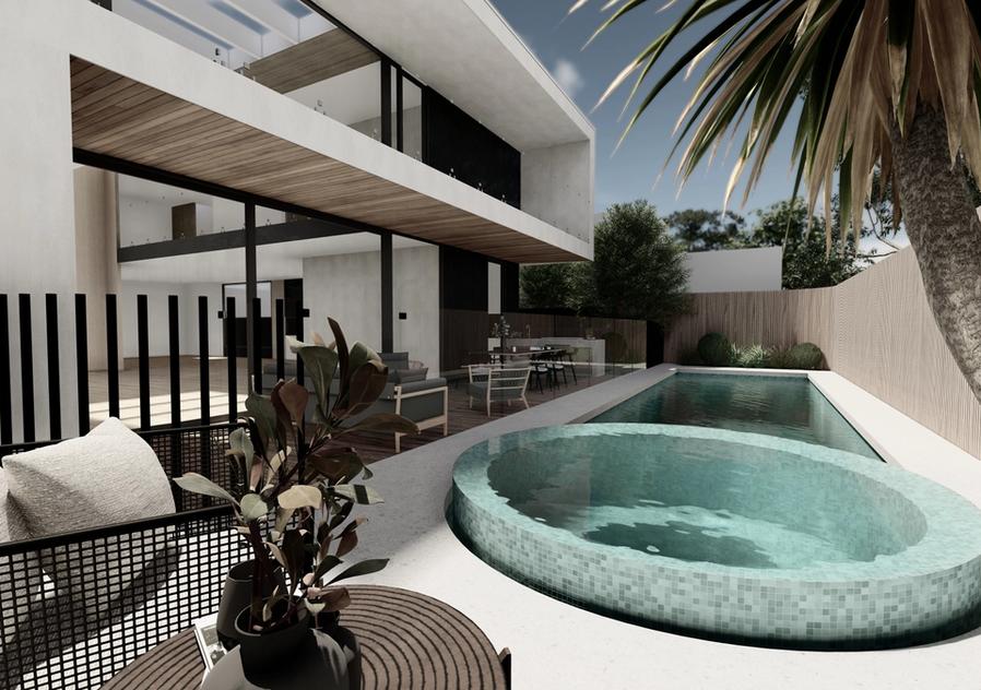 Pool and round spa garden by Mint Pool and Landscape with Sky Architect designed house