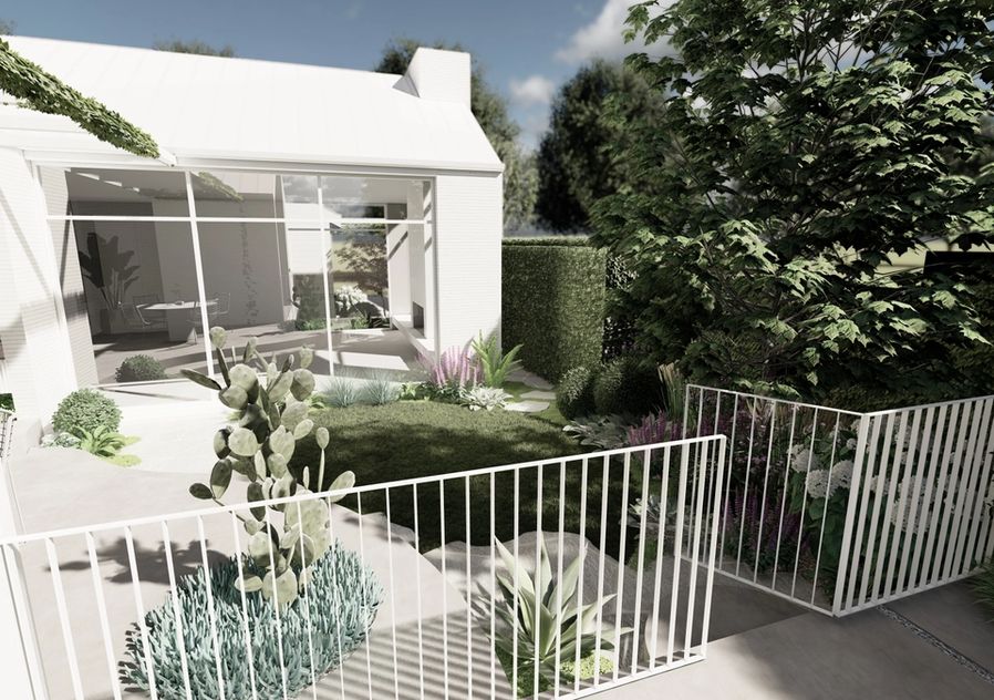 Norsu Interiors Home garden with white steel fence