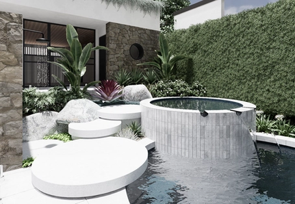 Curved pool with glass edge and raised circular spa with water spouts in luxury Eastern Suburbs Sydney backyard