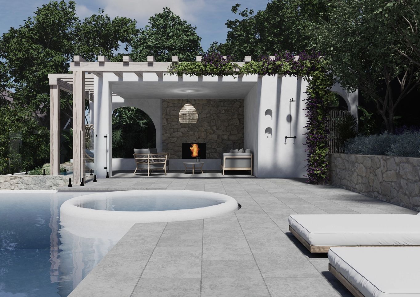 Greek resort inspired pool and alfresco area with white round spa and outdoor firepit