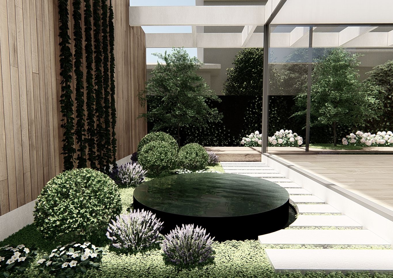 Round black tiled water feature by Mint Pool and Landscape with Sky Architect designed house