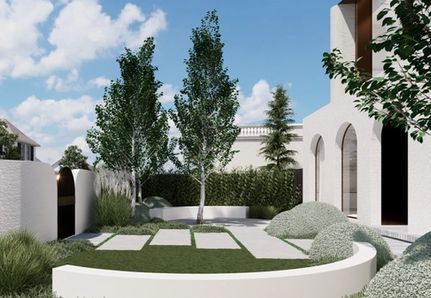 Front garden design with curved bench seat, shaped bobux and oversized steppers