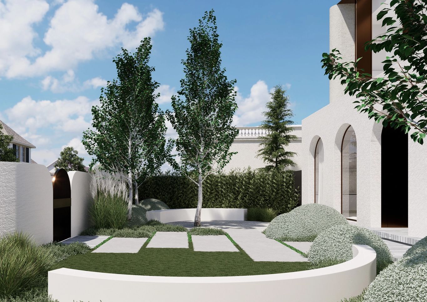 Front garden design with modern architecture including curves and unique planting scheme