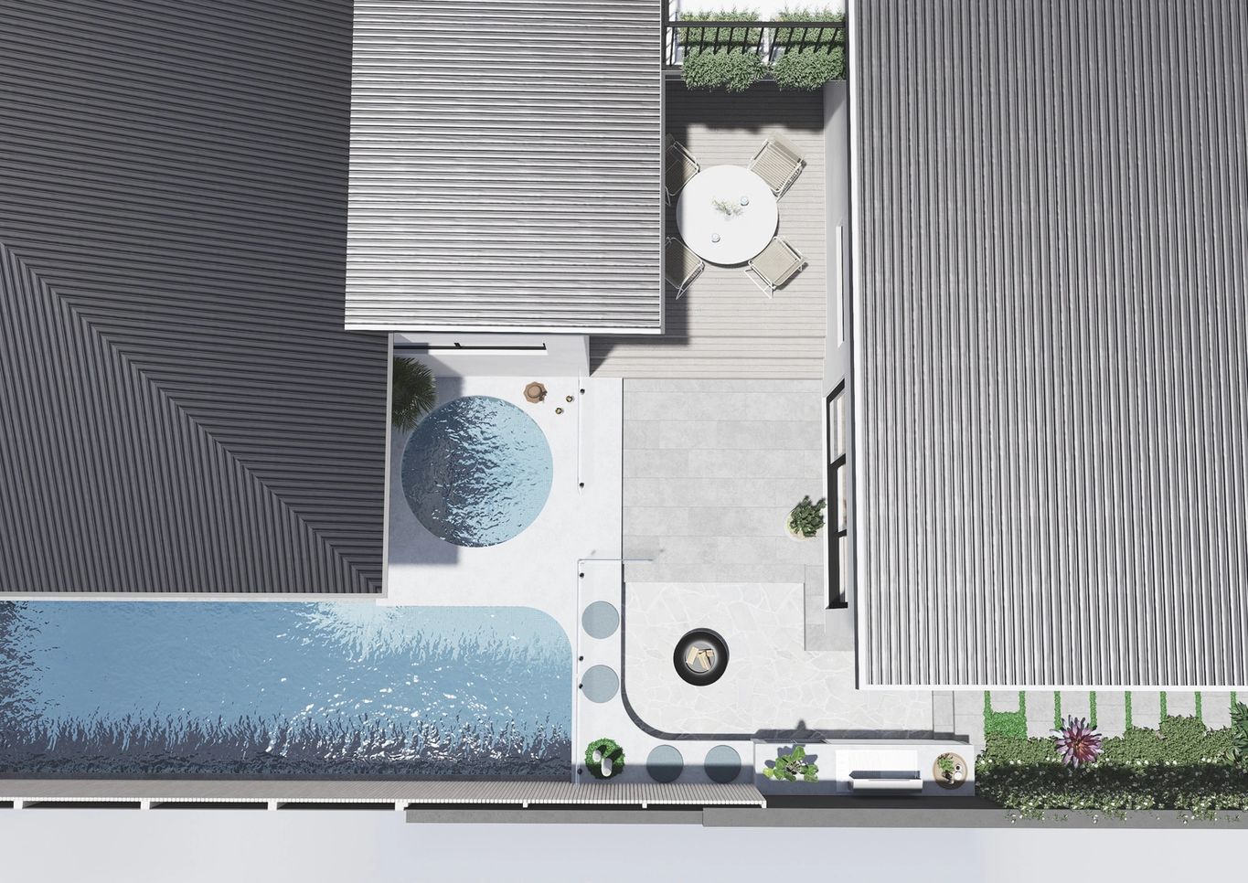 View from above of landscape and pool design