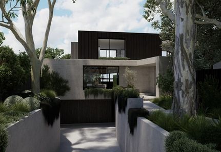 Sloping driveway with lush plants and mature trees at the sides leading to a modern concrete architecturally designed home