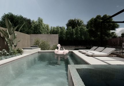 Pool and spa design with panel fence, daybed and sunloungers