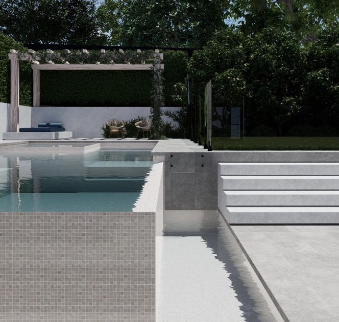 European style pergola and infinity pool with square spa built in
