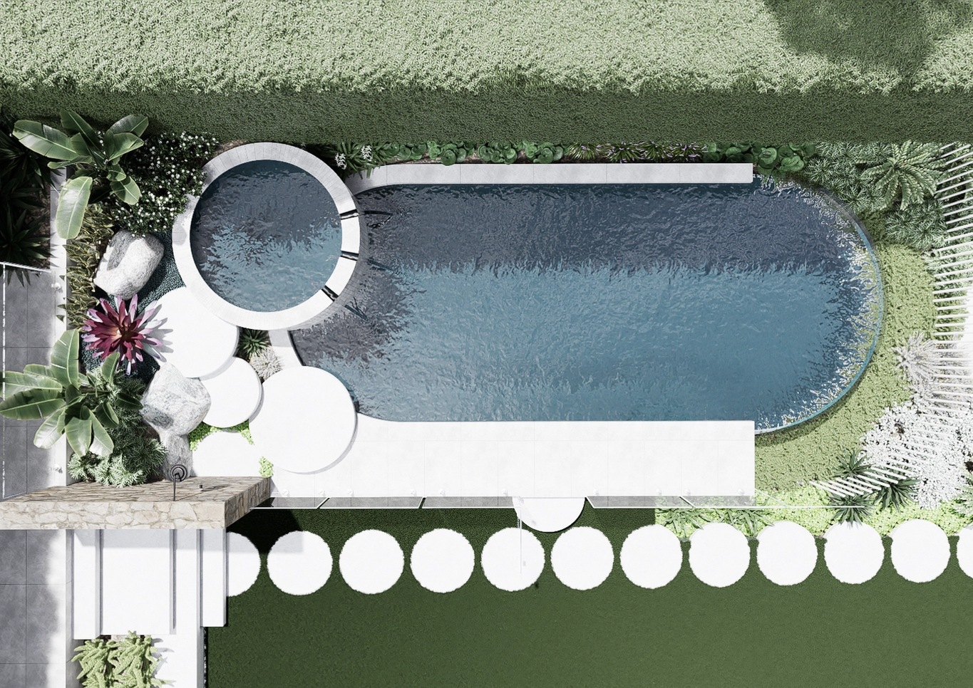 Aerial view of luxury Eastern Suburbs Sydney backyard pool and landscape design