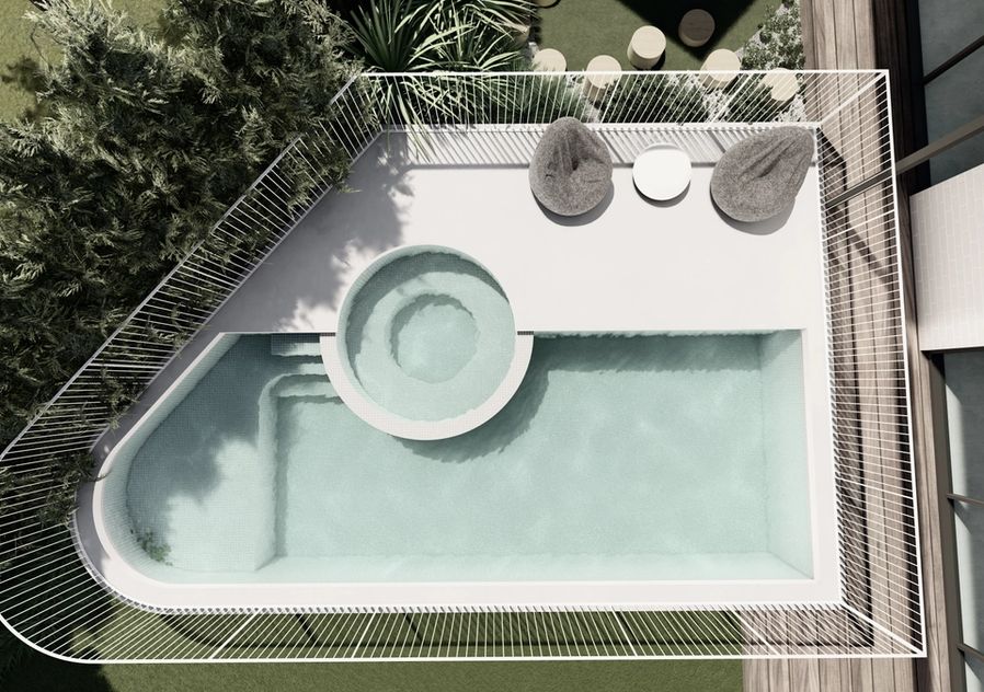 Modern organic shaped curved pool and spa by Mint Design