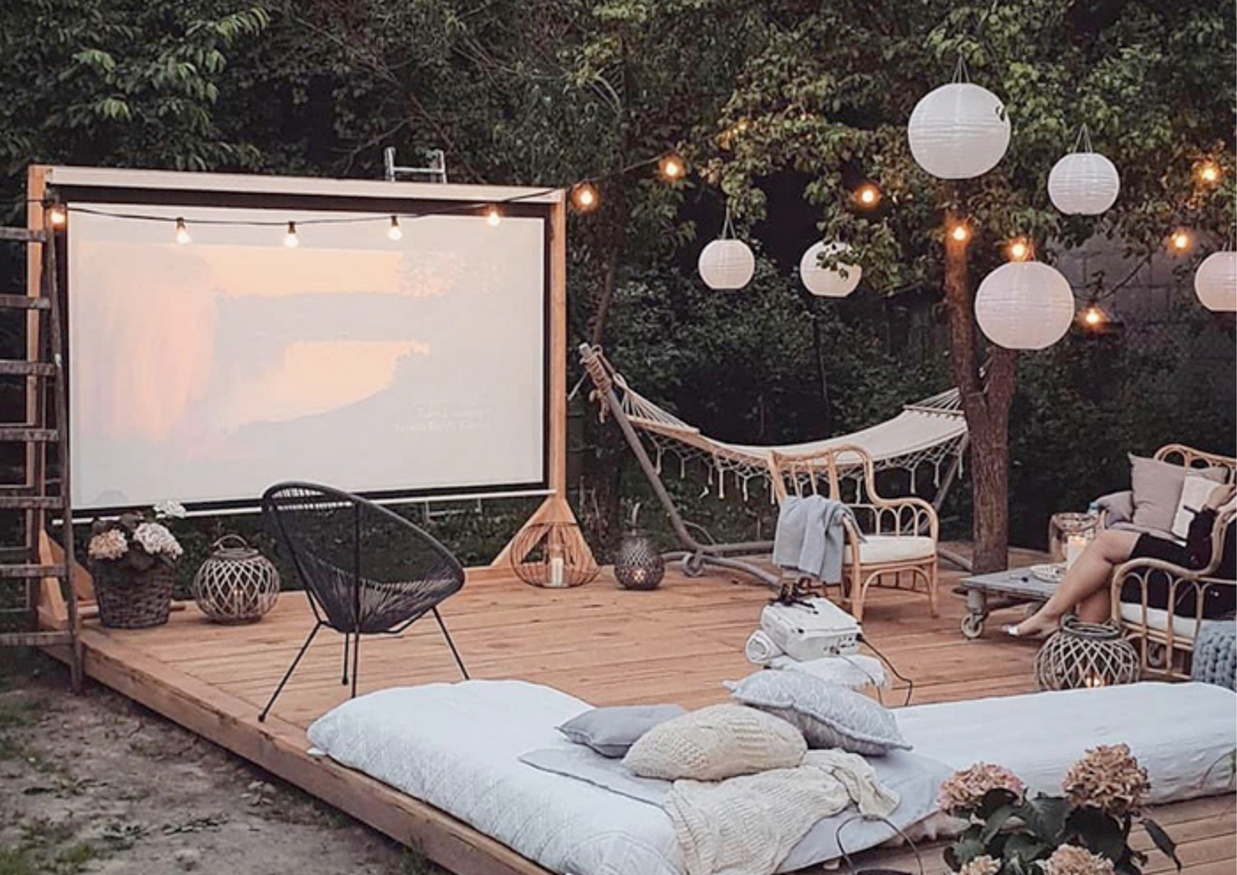 Outdoor cinema set up with lots of soft lighting