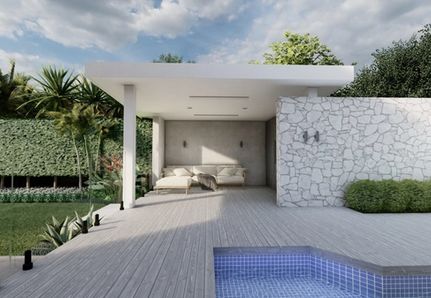 Pool pavilion with lounge and stone wall overlooking pool and spa