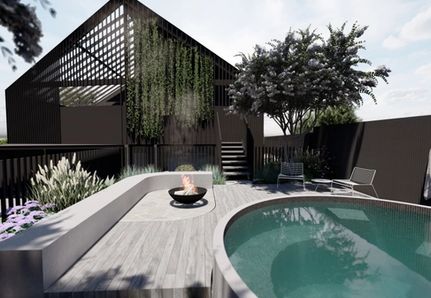 Pool and house with dining area and outdoor shower