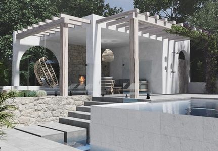 Greek Resort Inspired Pool and Landscape Design with hanging chair and arches