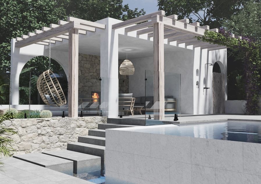 Inifinity edge pool design render with feature tiles down the edge of the pool