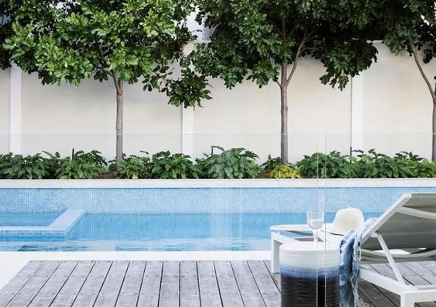 Hamptons style pool and garden Pergola over pool Hamptons Garden Strathmore Melbourne Landscape Design