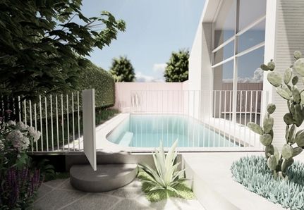 Signature pink fencing behind curved edge pool and garden by Mint Pool and Landscape for Norsu home