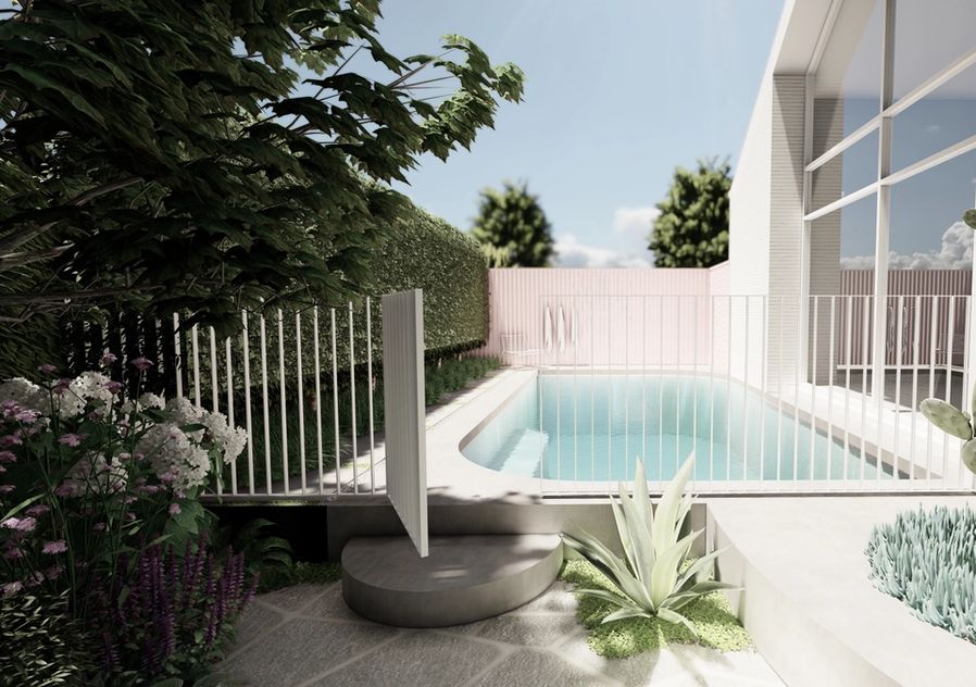 Curved pool and pink wooden fence for Norsu Interiors home renovation