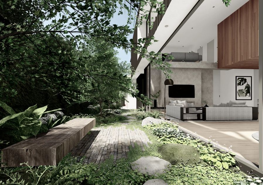 Indoor outdoor integration with gardenscape designed by MINT landscape design for Sky Architect Studios in Camberwell