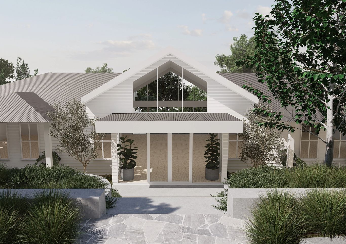Landscape design of front entry of white sprawling modern country home featuring crazy paving