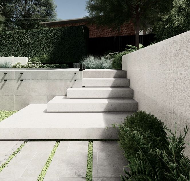 Concrete stairs leading to the raised pool area