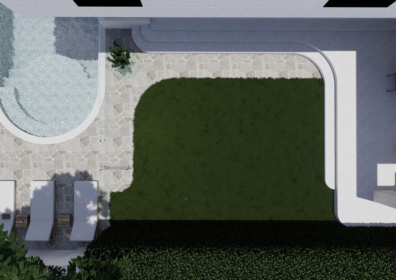 Aerial view of curved pool design with luxury sun loungers in a resort-style garden with architecture by Sync Architects