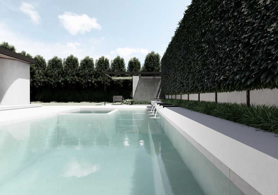 White tile pool and spa with pleached hedge and underplanting