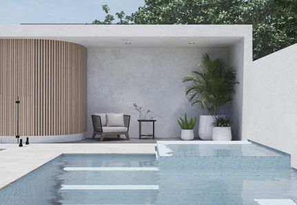 Close up of the pool and alfresco with curved wooden panel wall