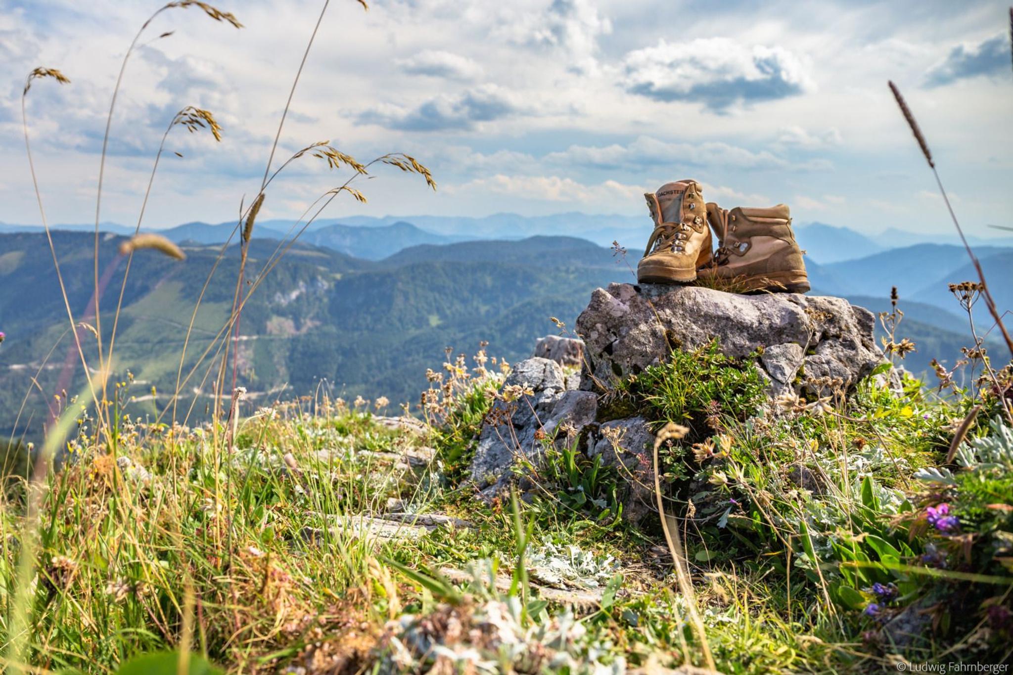 ein Paar Wanderschuhe stehen auf einem Felsen