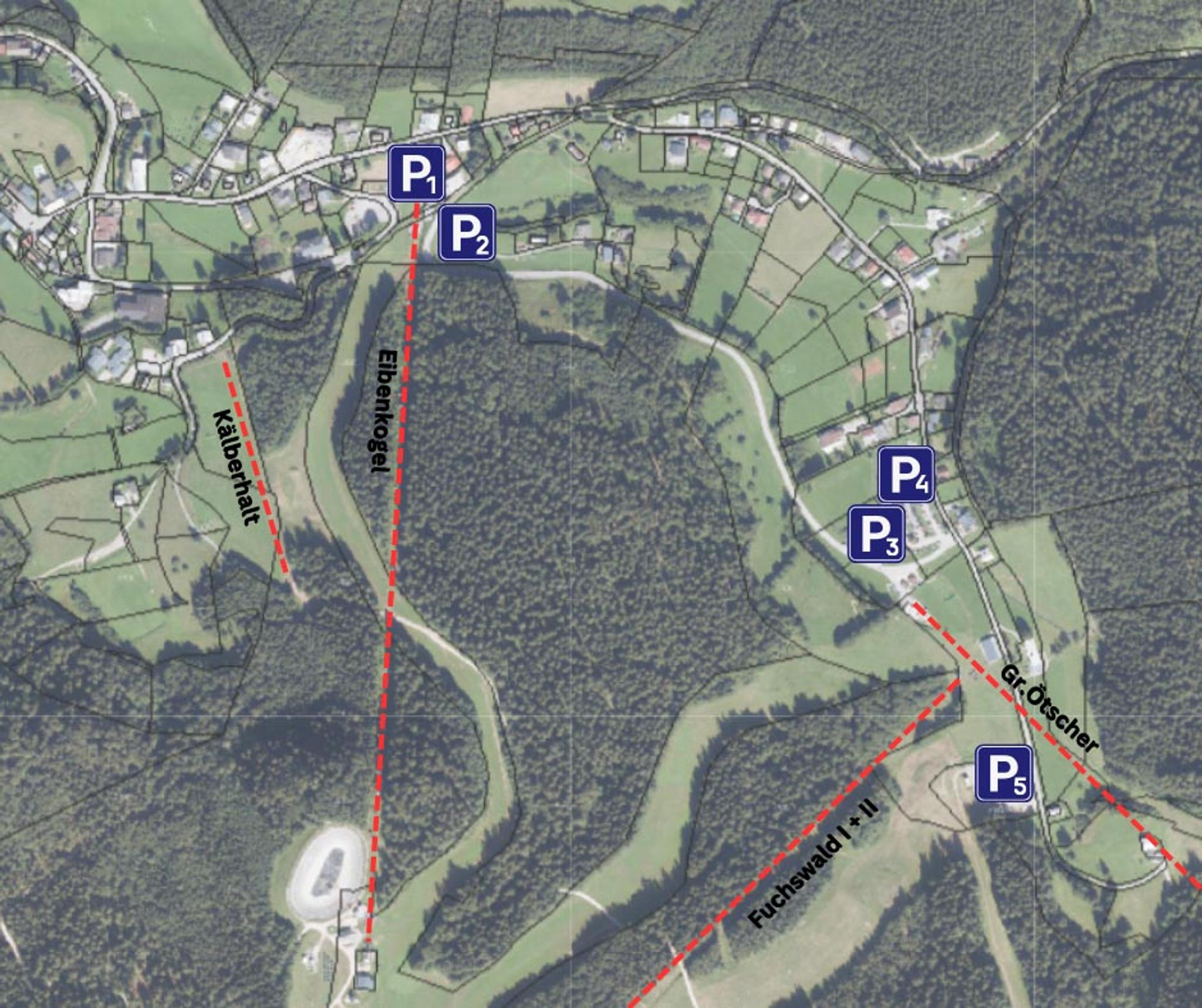 Landkarte mit eingezeichneten Parkplätzen und Seilbahnen