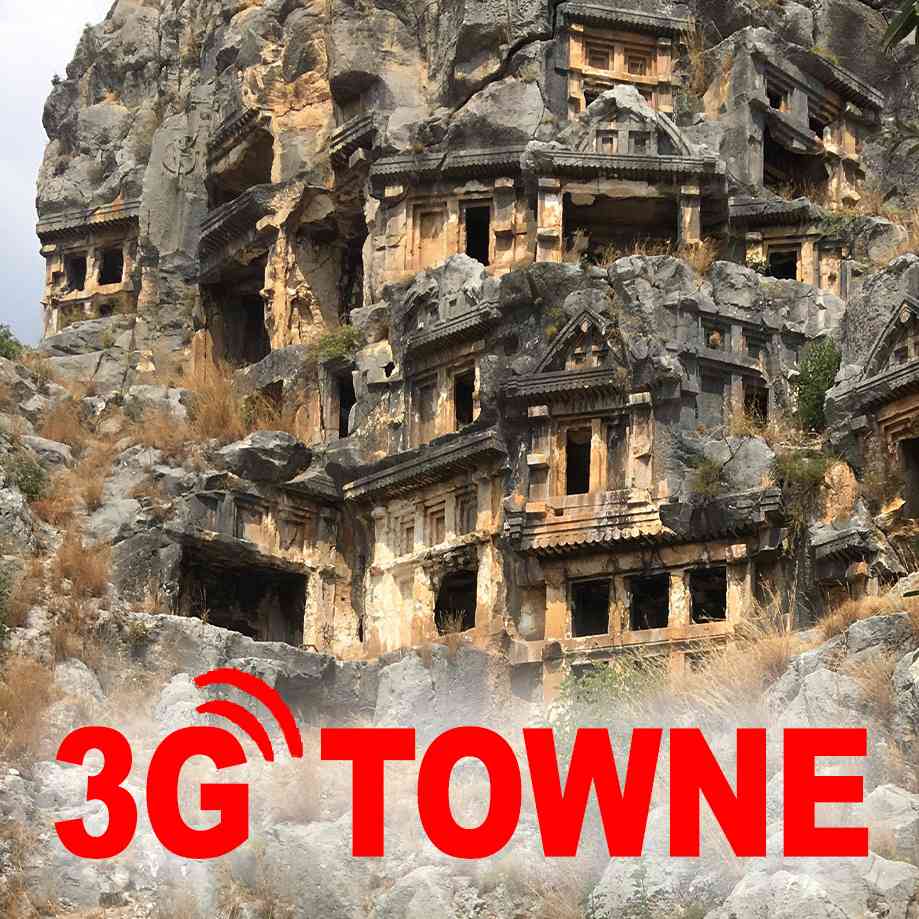 Podcast cover. Red Text: “3G TOWNE.” Image: 2000 year old tombs carved in cliffs in southwestern Turkey.