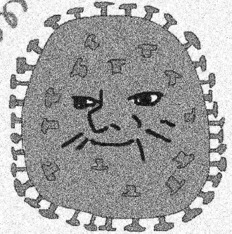Podcast cover. A fuzzy, colorless, crudely drawn cartoon of an anthropomorphized coronavirus with a smile you hate
