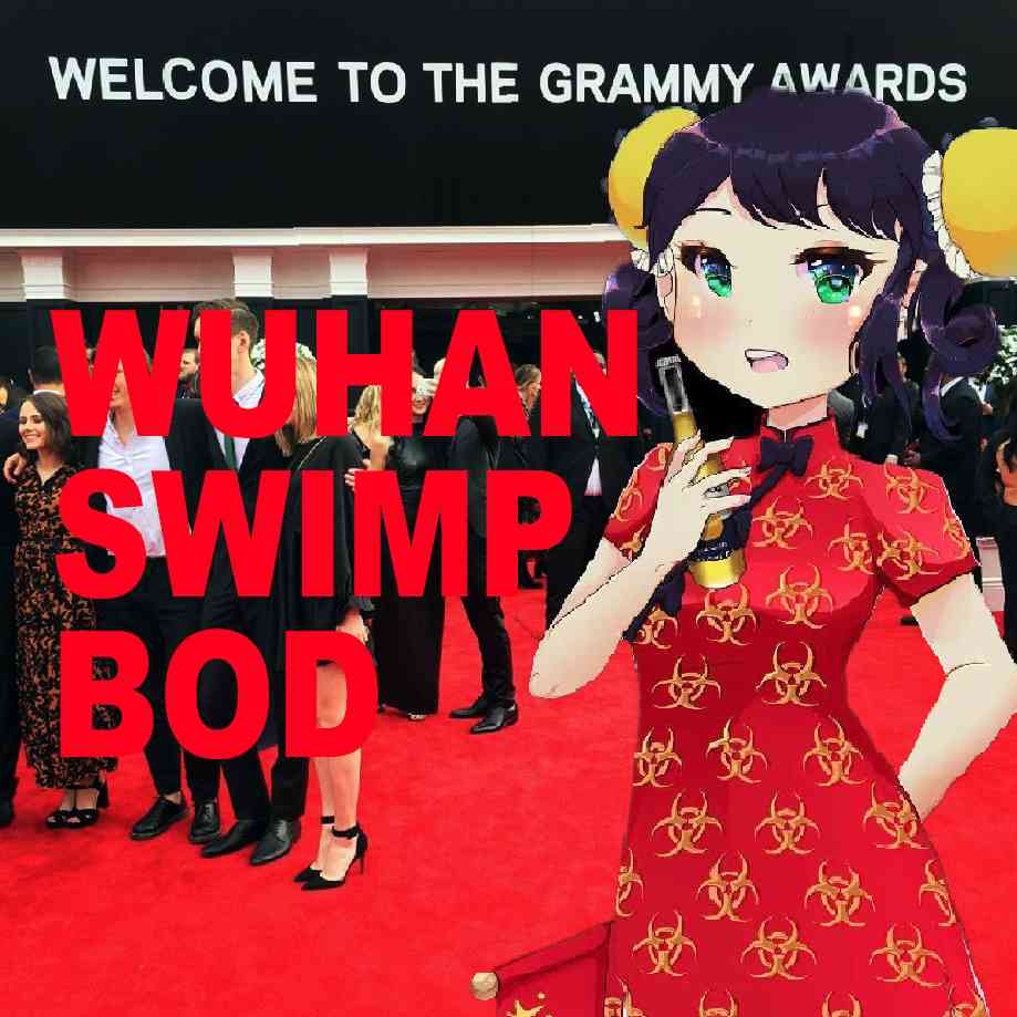 Podcast cover. Red Text: “WUHAN SWIMP BOD.” Image: Coronavirus anthropomorphized as an anime woman attending the Grammy Awards.