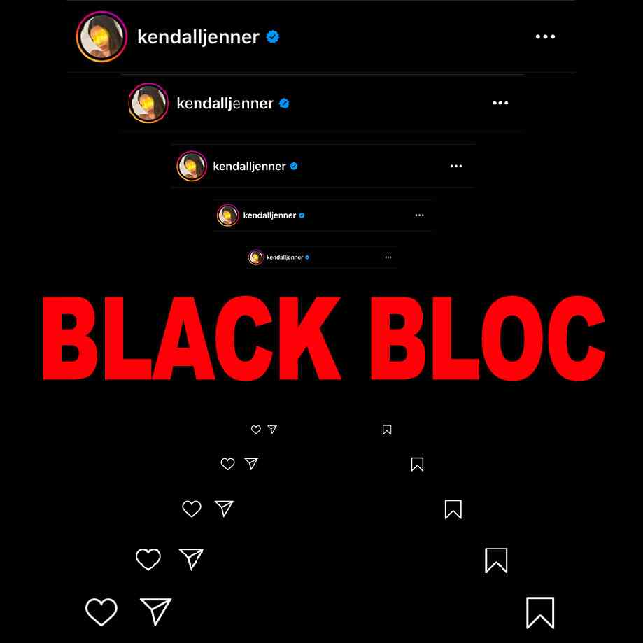 Podcast cover. Red Text: “BLACK BLOC.” Image: A mise-en-abyme of Kendall Jenner’s black square instagram post descending into hell.