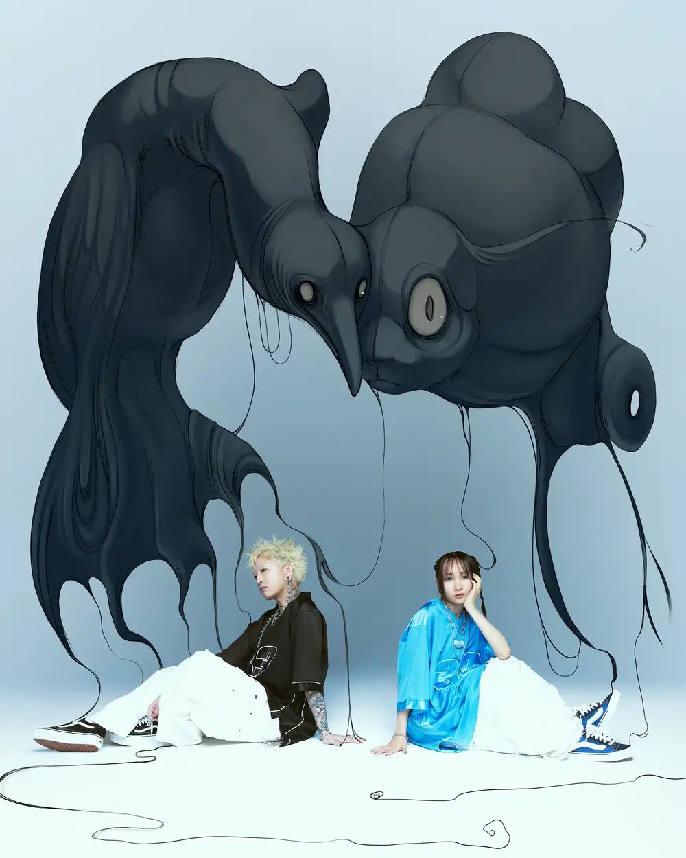 Two seated people in streetwear beneath looming dark, surreal birdlike creatures on a pale blue background.