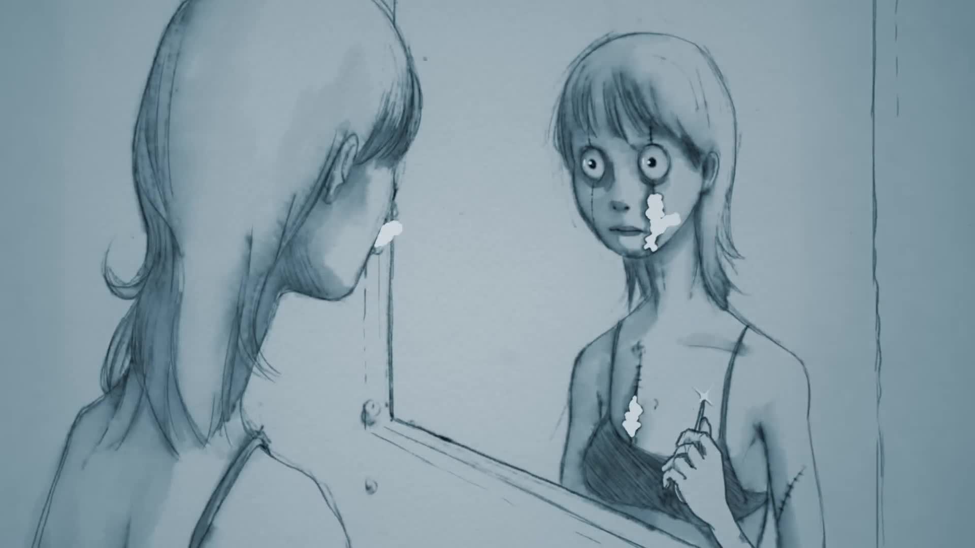 Blue-gray pencil drawing of a wide-eyed woman with facial and chest scars staring into a mirror.