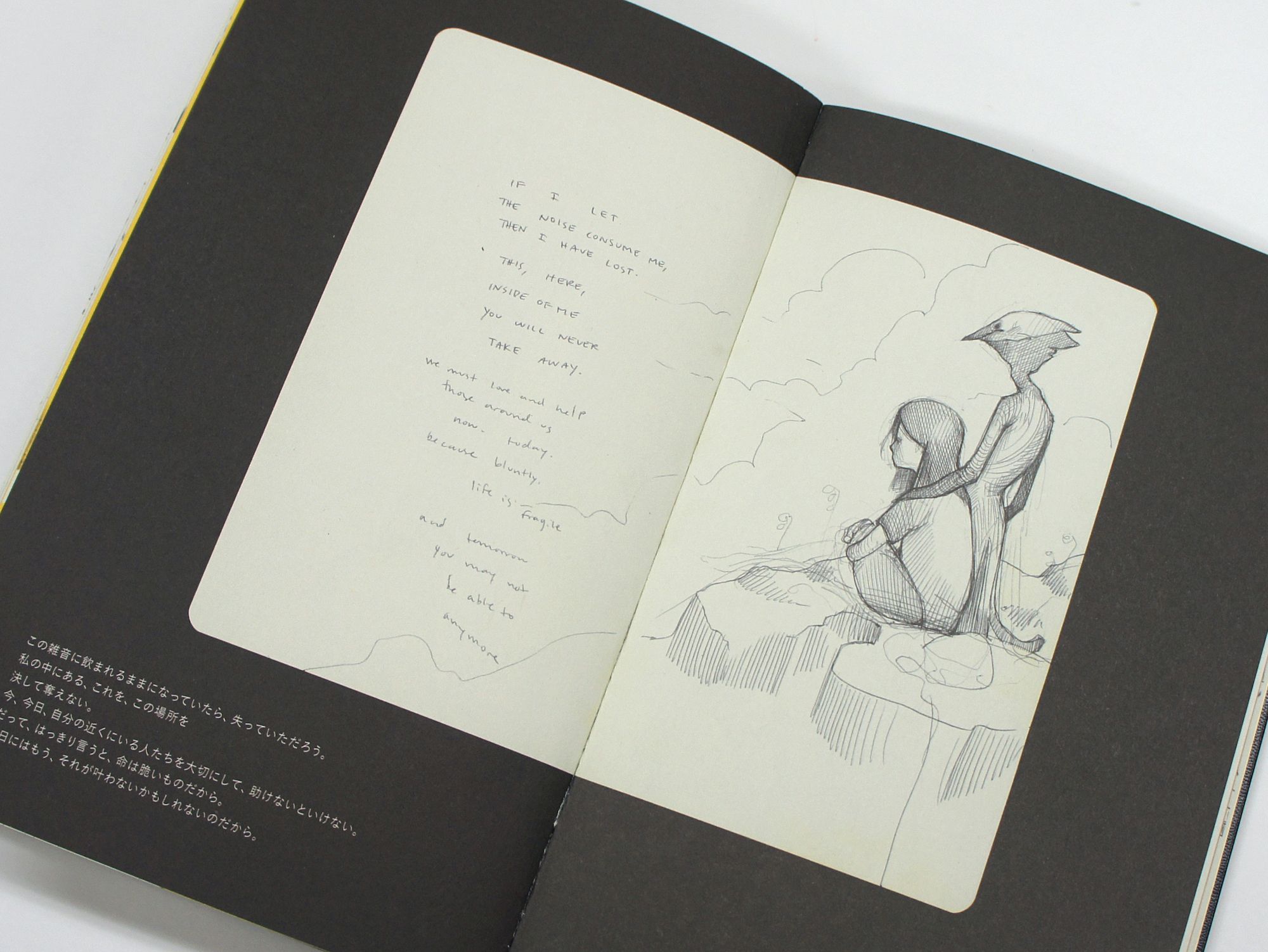 Open book showing a sketchbook spread with handwritten notes and a drawing of a seated girl beside a tall creature.