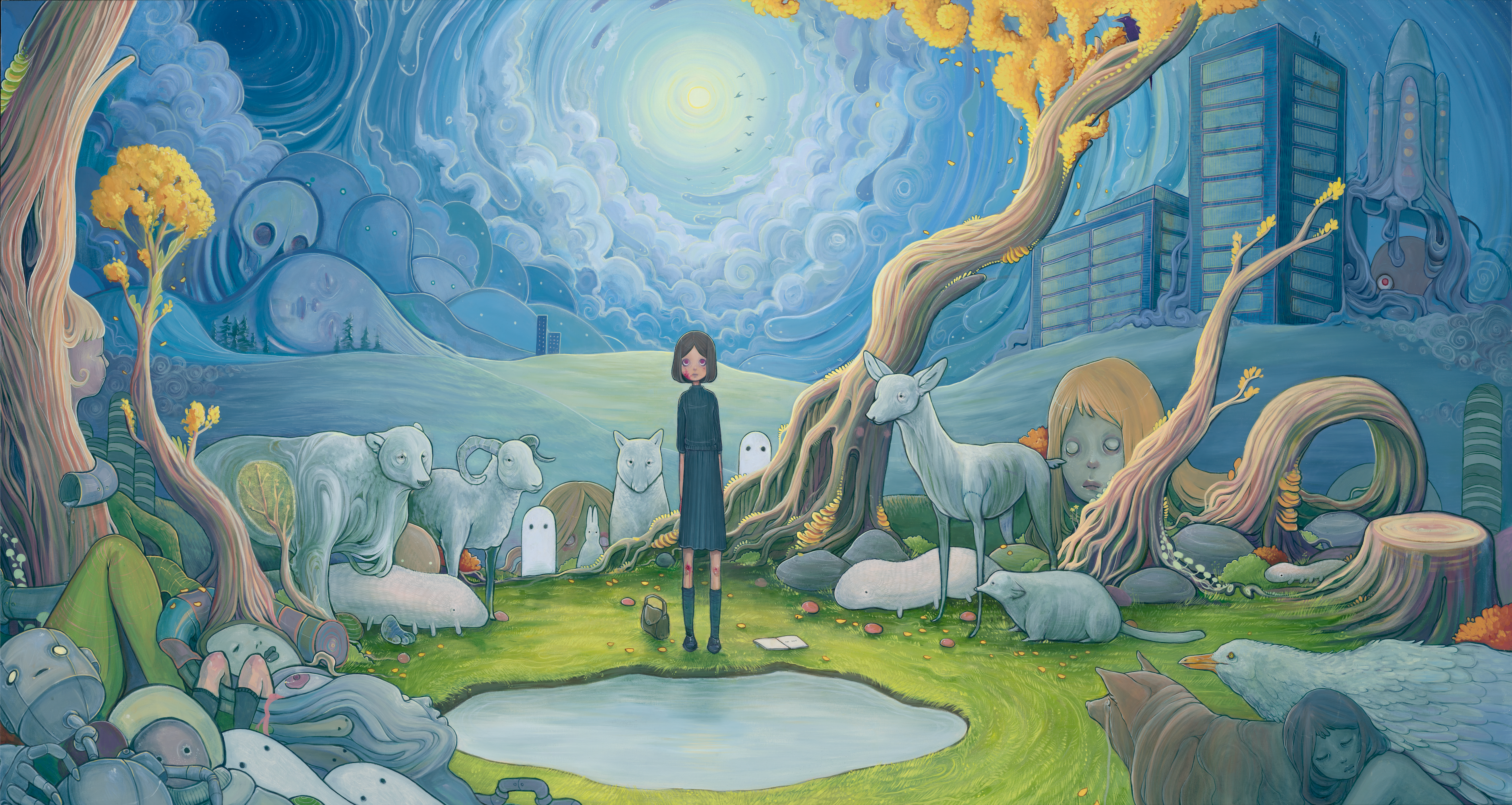 Surreal painting of a girl among pale animals, twisted golden trees, robots, and distant futuristic towers.