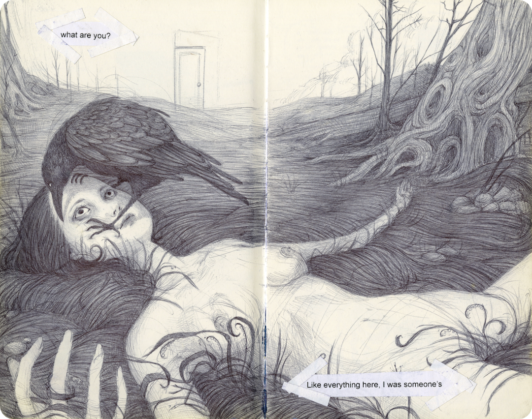 Pencil sketch of a crow perched on a reclining figure in a barren forest, with a distant door and text scraps.