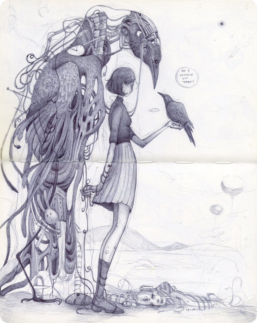 Intricate pencil drawing of a girl holding a crow beside a towering mechanical bird with cables and feathers.