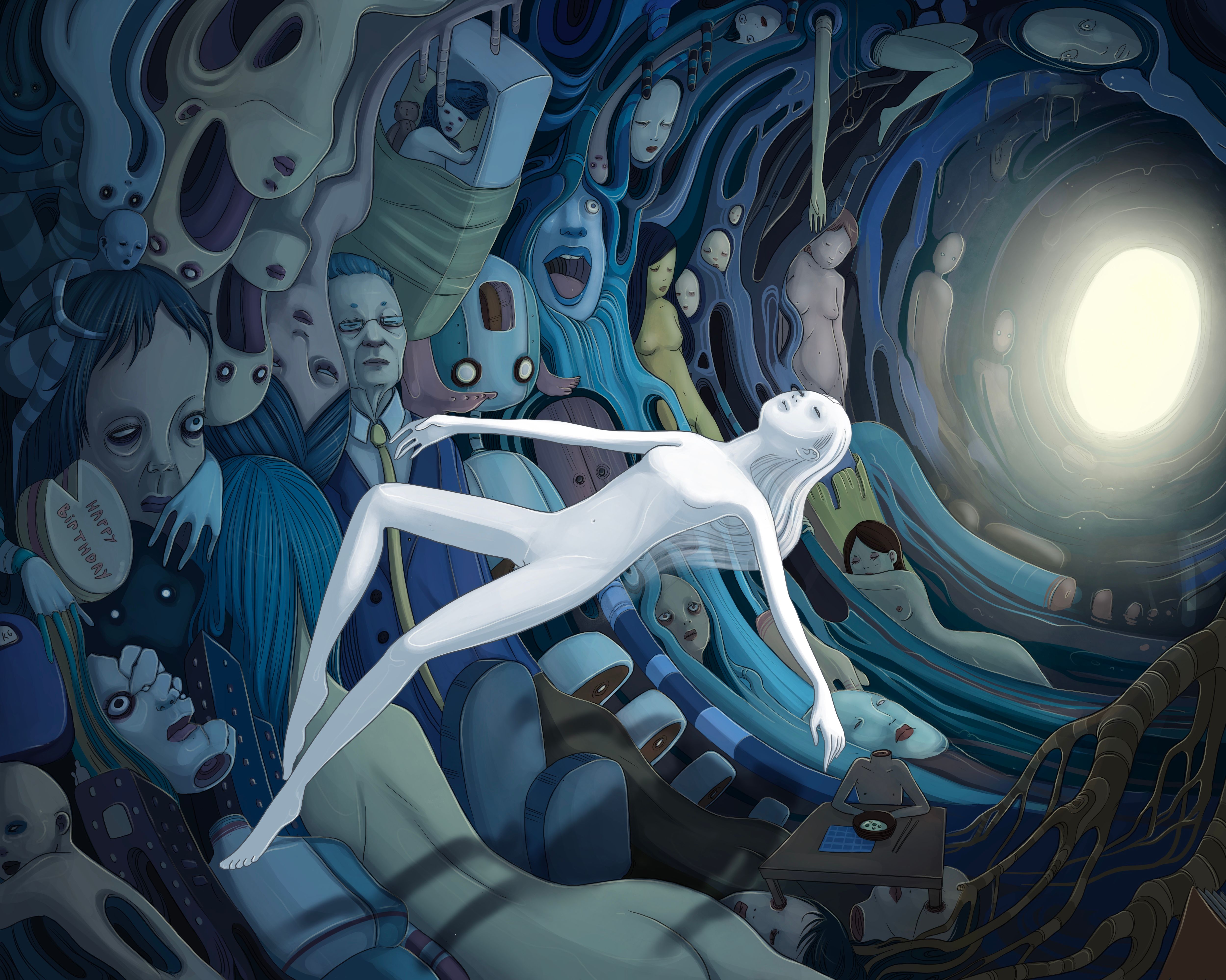 Surreal digital painting of a pale floating figure amid distorted faces and bodies, drawn toward a glowing portal.