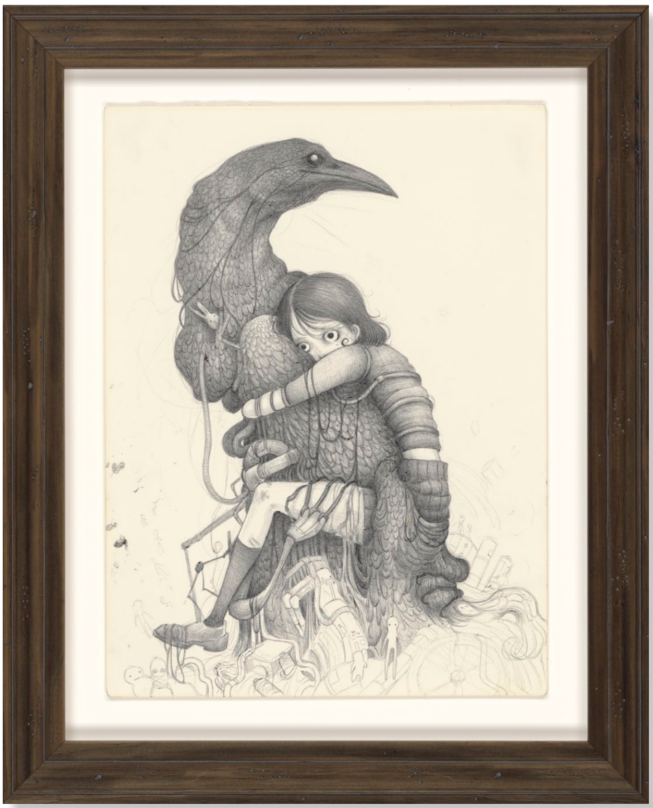 Intricate pencil drawing of a wide-eyed child embraced by towering, long-beaked, feathered bird creatures.