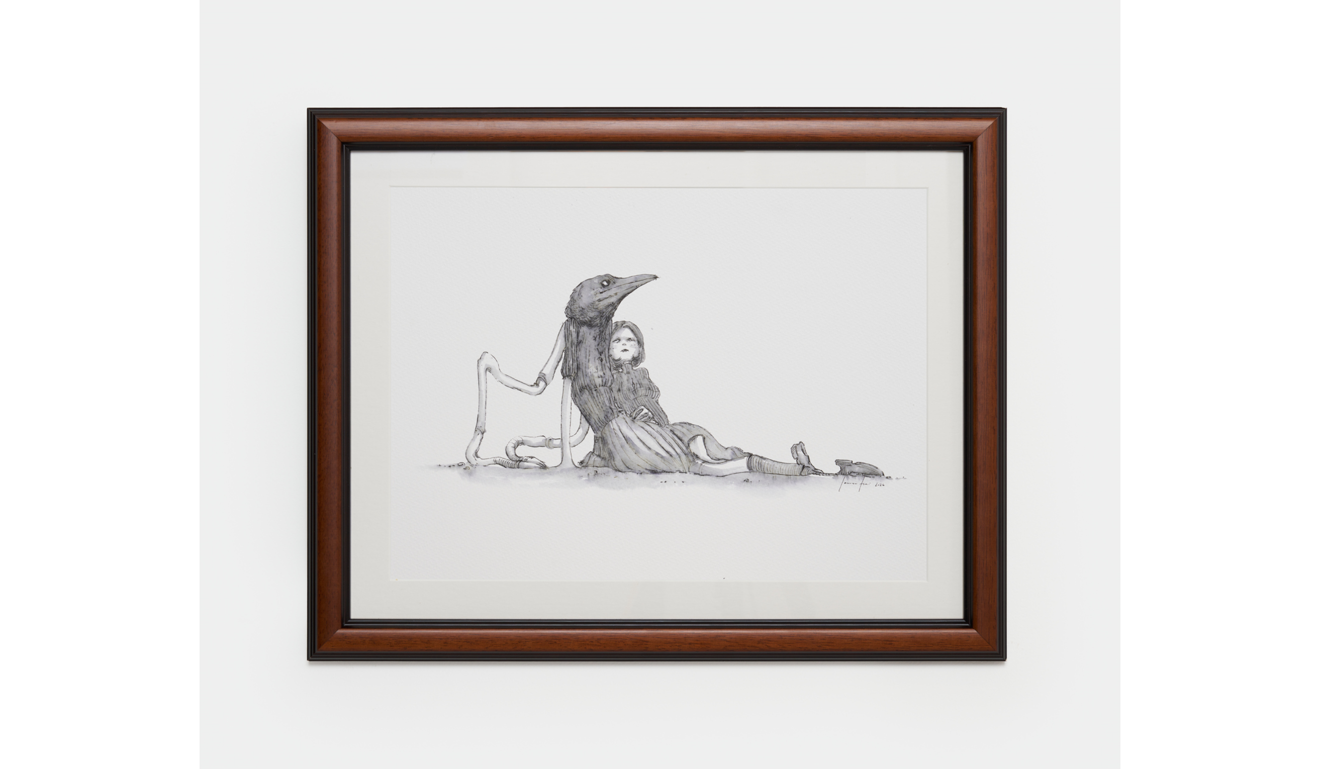 Framed pencil drawing of a seated girl leaning against a large skeletal bird-like creature.