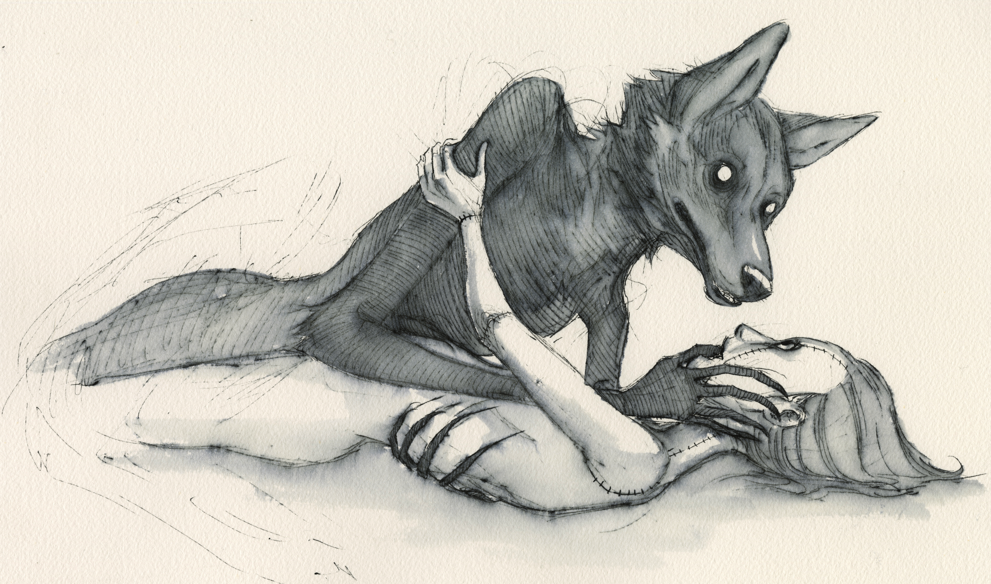 Pencil sketch of a fox-headed humanoid crouching over a reclining stitched figure with exposed ribs.