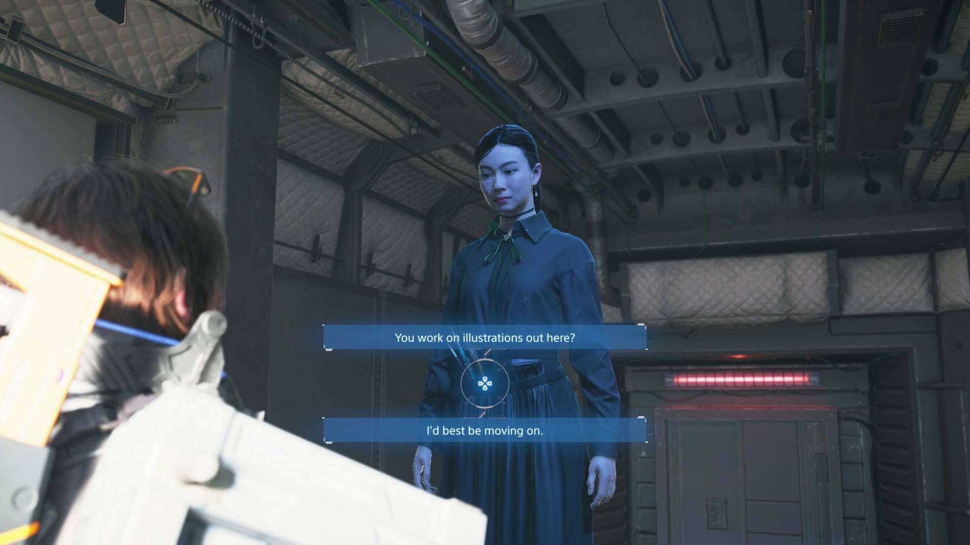 Video game dialogue scene with a woman in a dark industrial room and two response options on screen.
