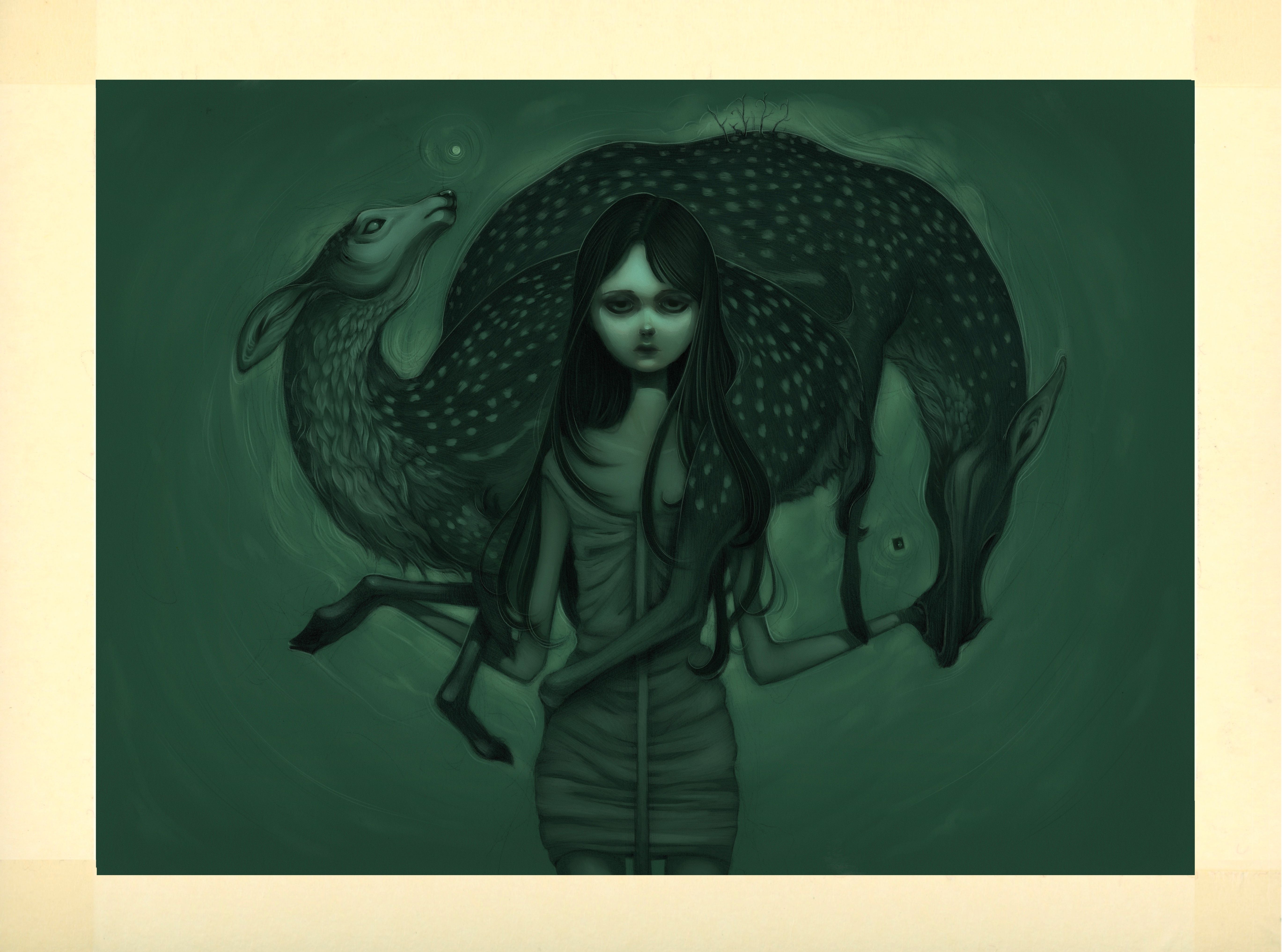 Surreal green-toned painting of a solemn girl carrying a large spotted deer draped across her shoulders.