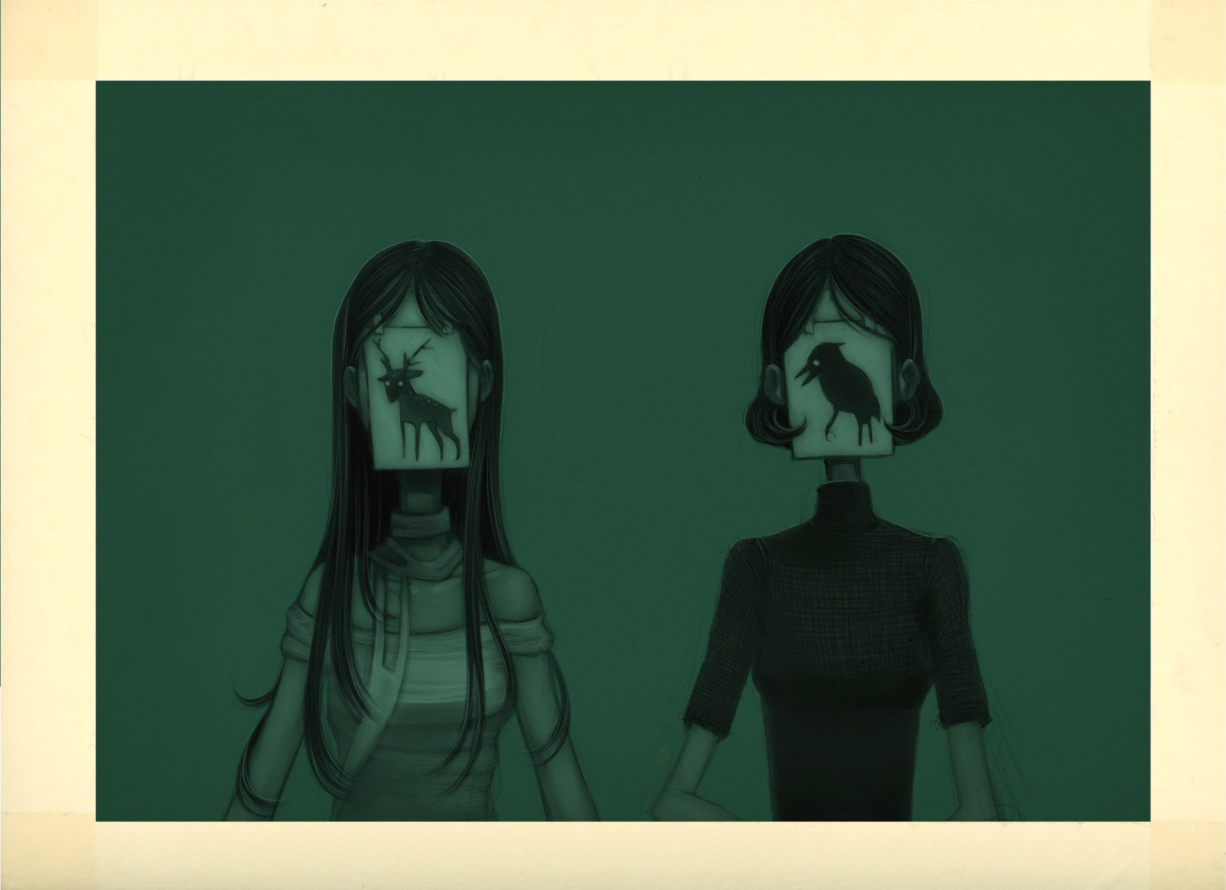 Dark green illustration of two women with blank faces bearing silhouettes of a deer and a crow.