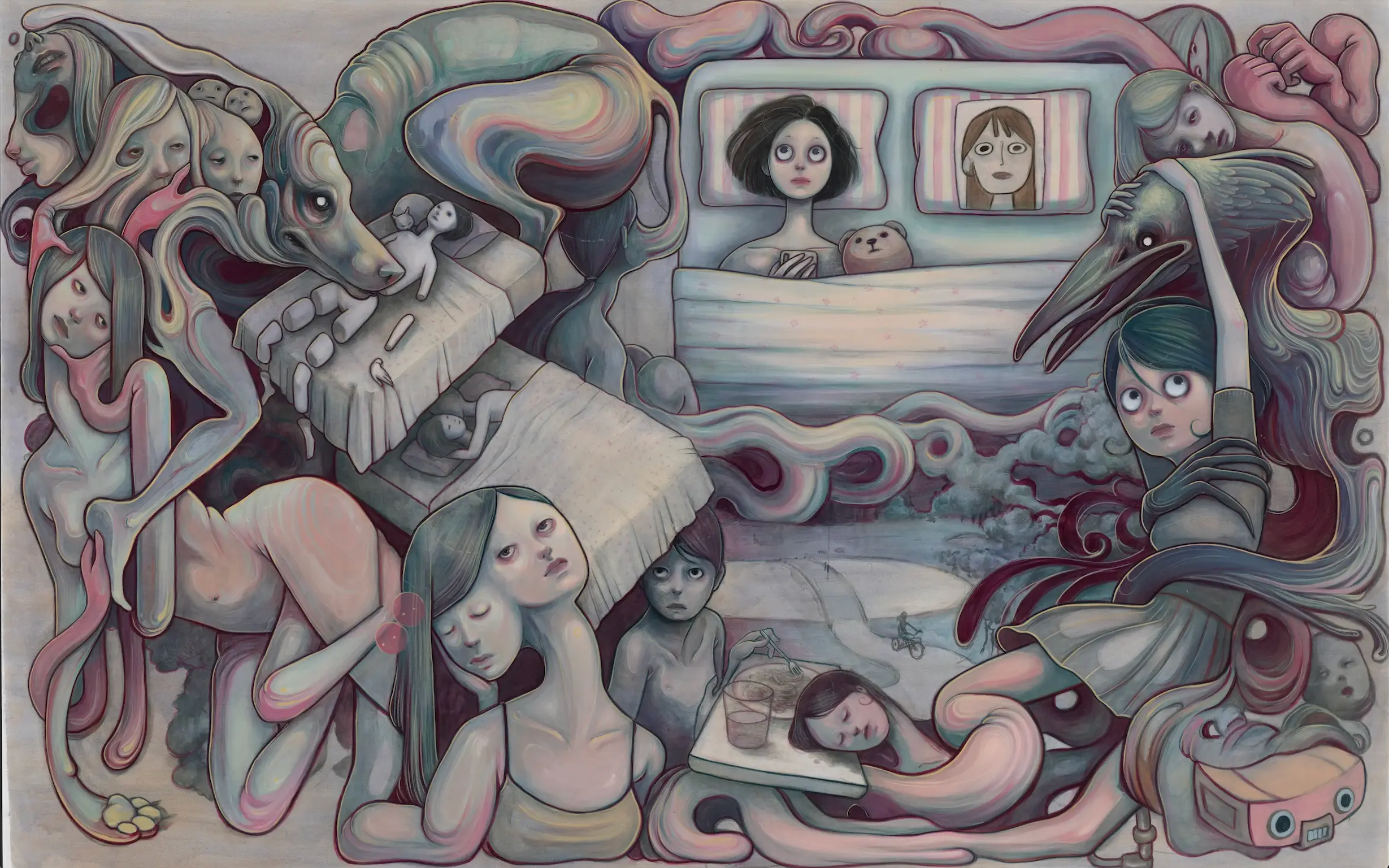 Surreal pastel painting of pale figures, animals and flowing organic forms surrounding a child in bed.