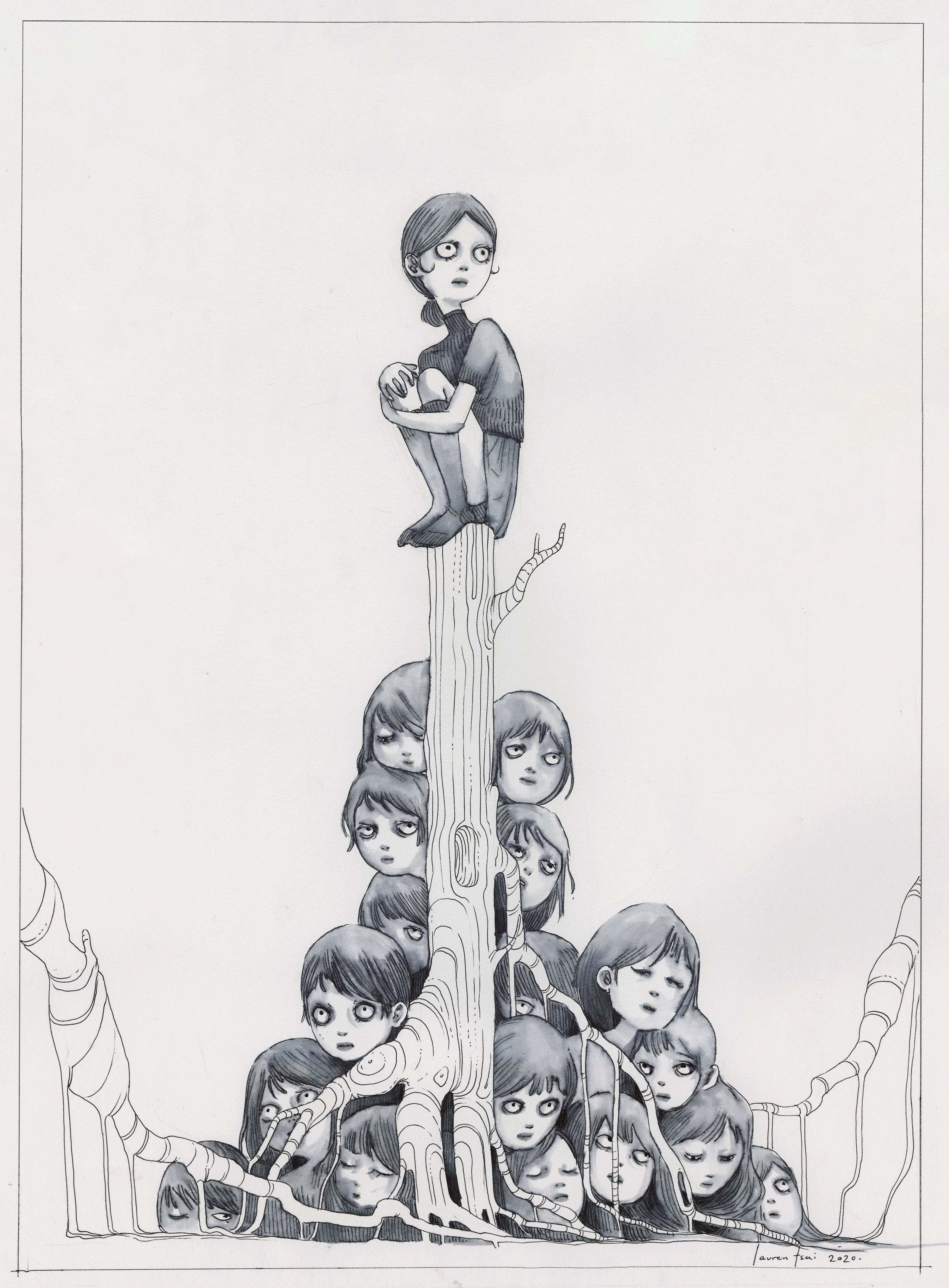 Monochrome drawing of wide-eyed children clustered around a bare tree, with one child perched atop the trunk.